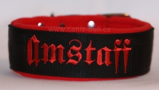 Obojek Amstaff š.5cm černý,červené písmo+červený fleece