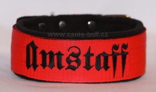 Obojek Amstaff š.5cm červený,černé písmo+černý fleece
